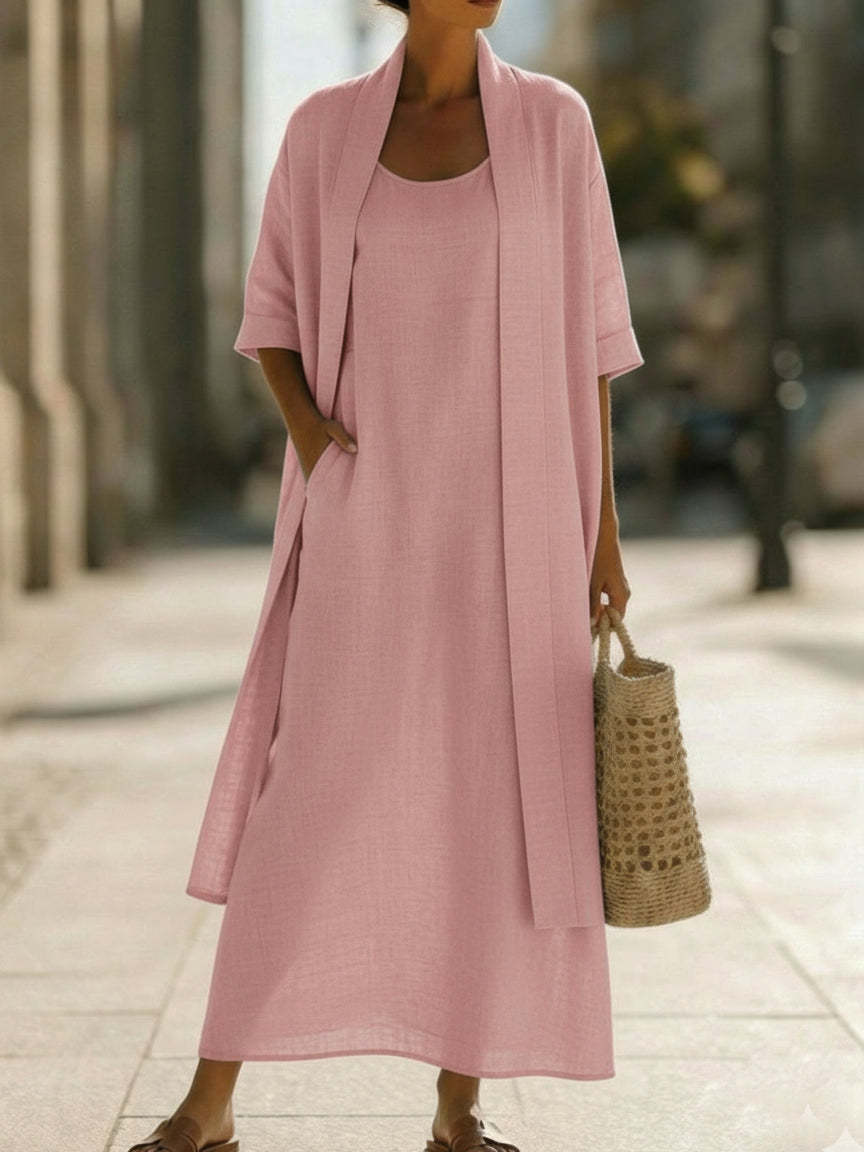 Cotton-Linen Two-Piece Dress Set | Loose Fit Cardigan & Long Skirt