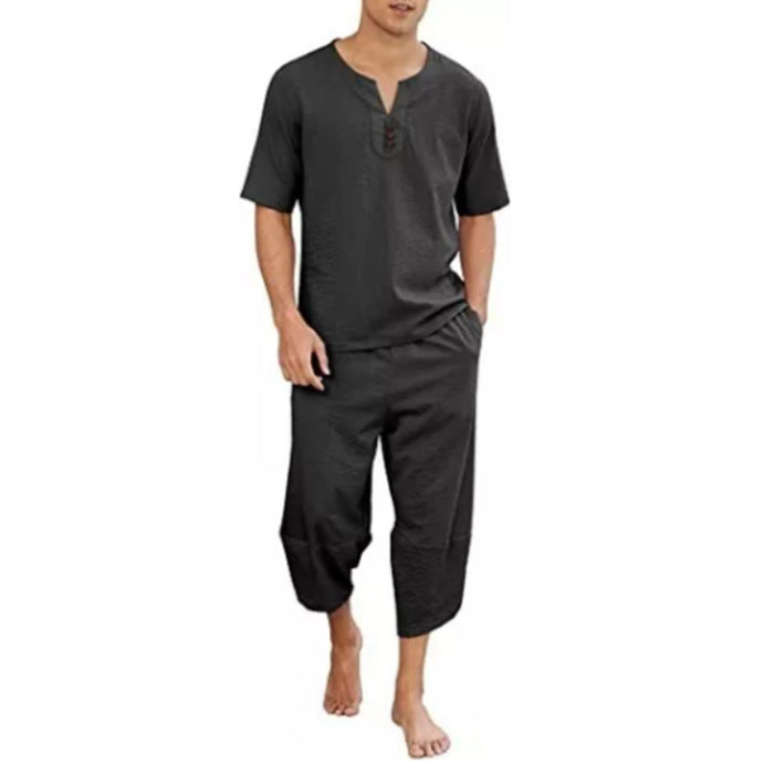 Men's V-Neck Short-Sleeve Top & Cropped Pants Set | Breathable Cotton-Linen Casual Outfit