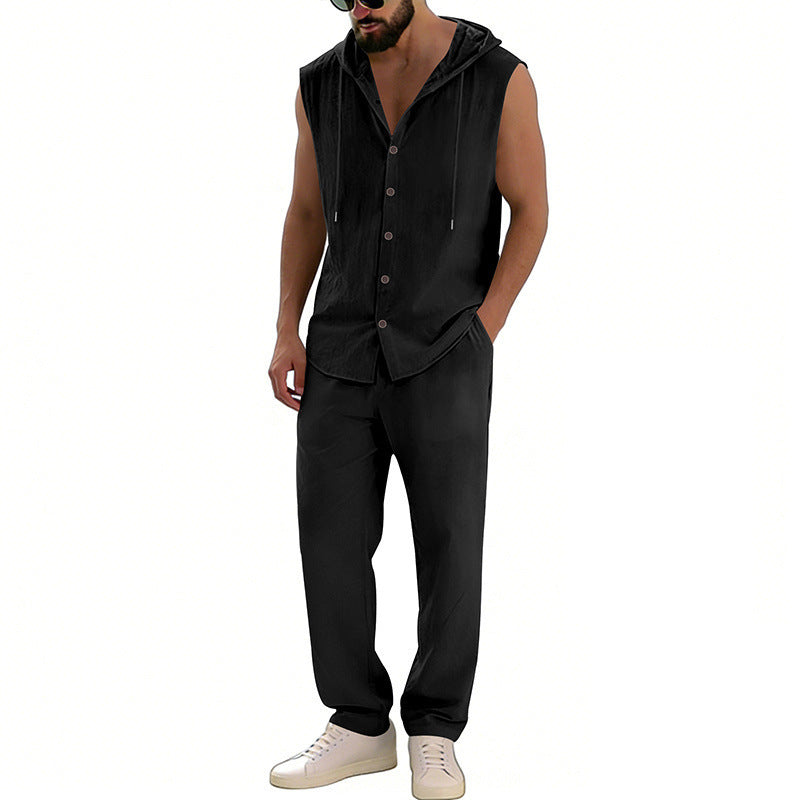 Men's Casual Hooded Sleeveless Shirt & Pants Set | Relaxed Lounge Outfit