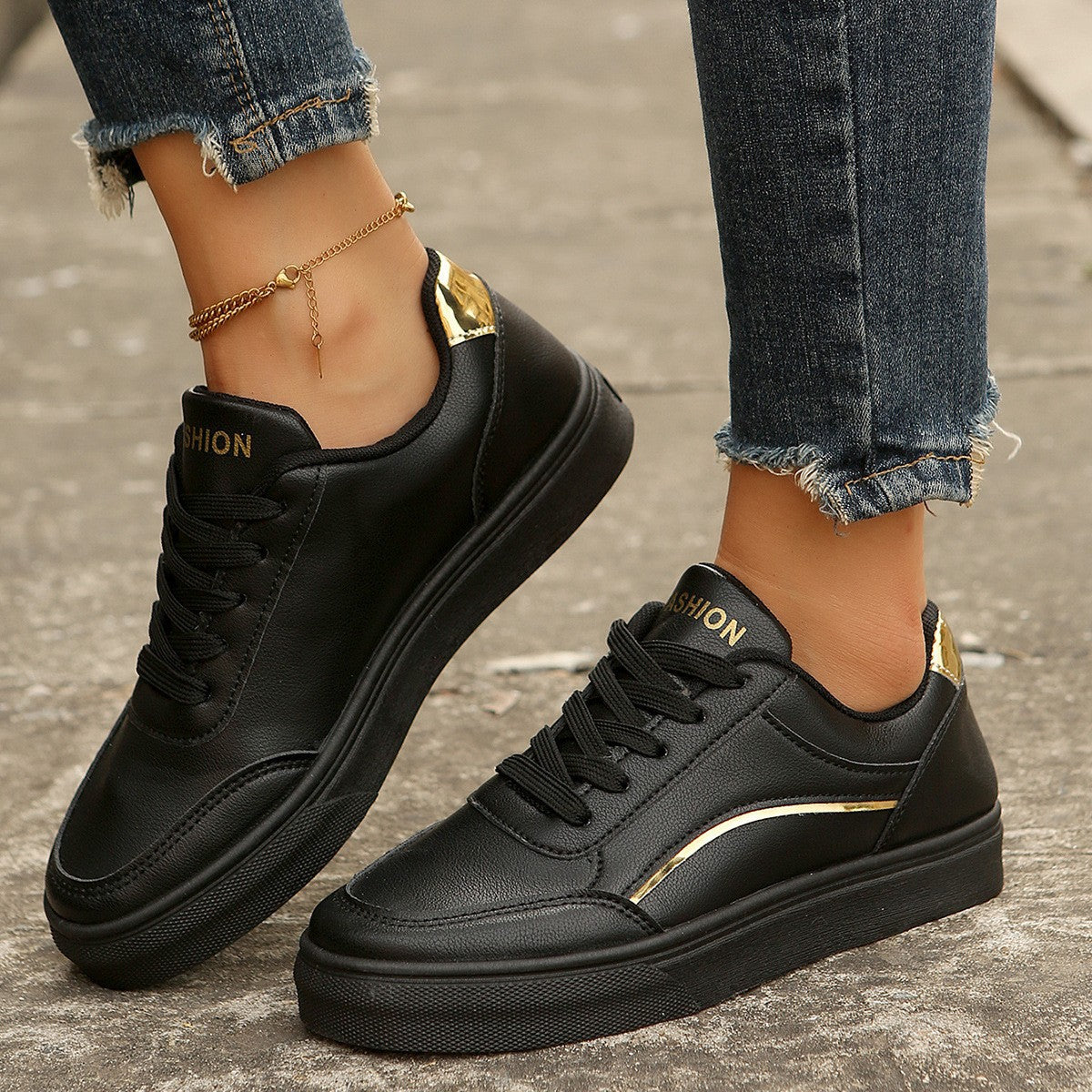 Color-Block Flat Sneakers | Round Toe PU Leather Casual Shoes