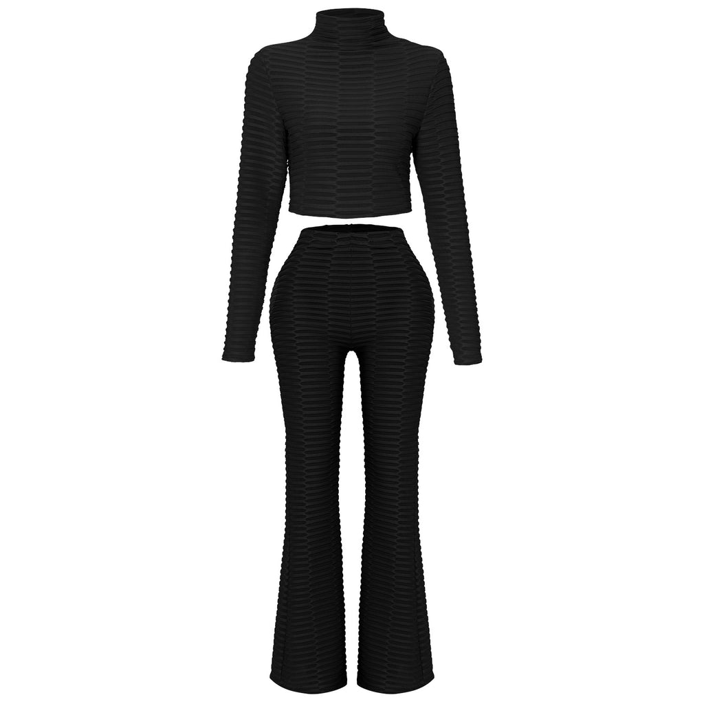 Women's Waffle Knit Crop Top & Flared Pants Suit | Slim Fit Two-Piece