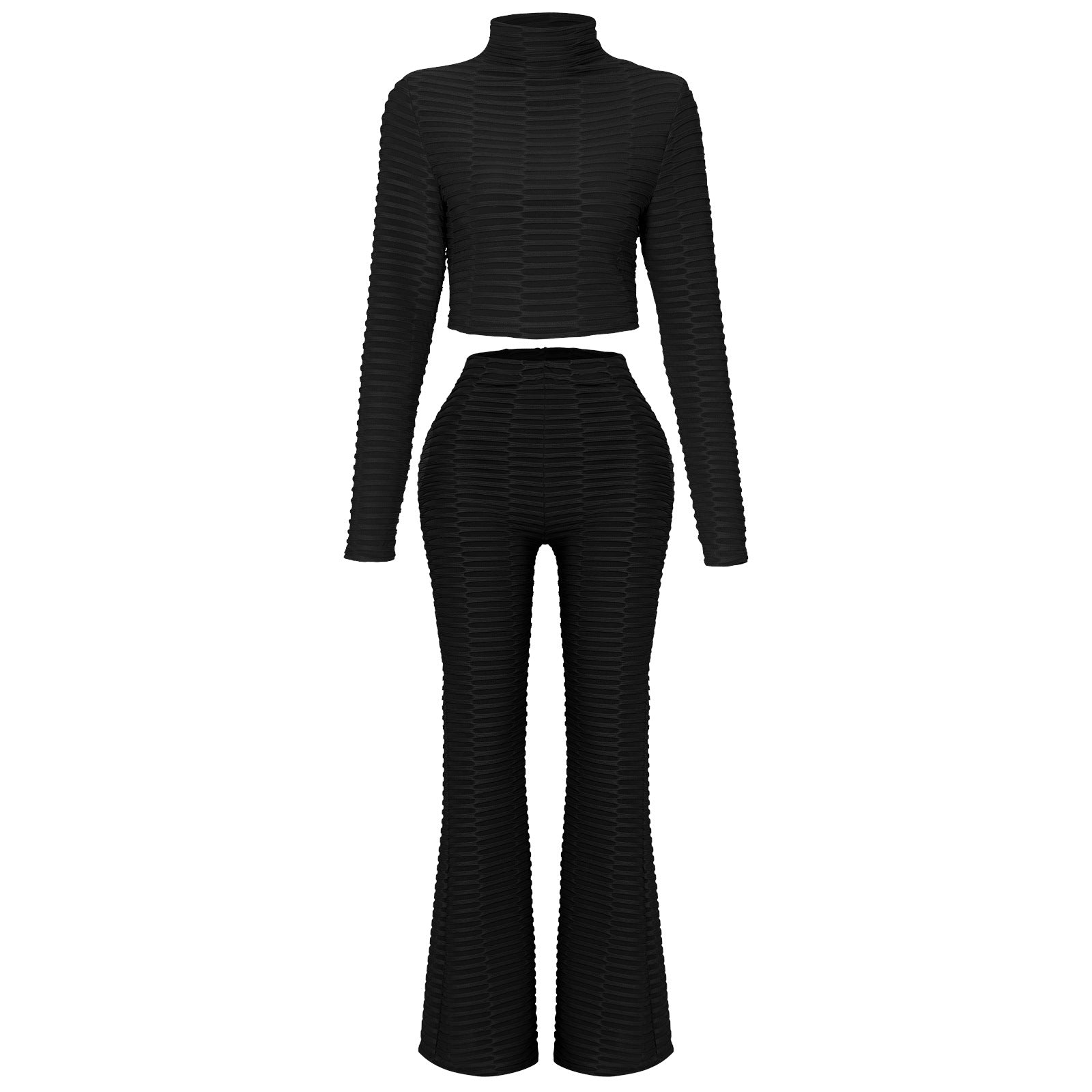 Women's Waffle Knit Crop Top & Flared Pants Suit | Slim Fit Two-Piece