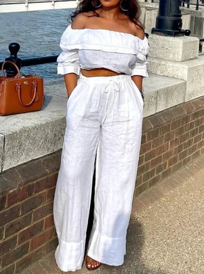 Fashionable Slim-Fit Top & Wide-Leg Pants Set | Casual Two-Piece