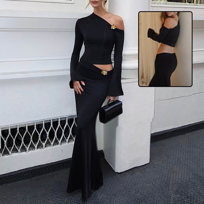 Oblique Shoulder Bell Sleeve Top & High Waist Maxi Skirt Set