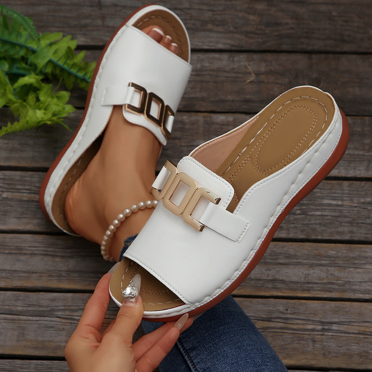 Chain Wedge Platform Sandals | Peep-Toe Thick Sole Slides