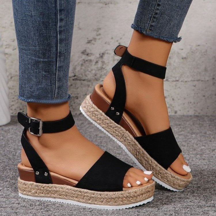 Women's Hemp Rope Wedge Peep Toe Sandals | Natural Boho Platform Heels