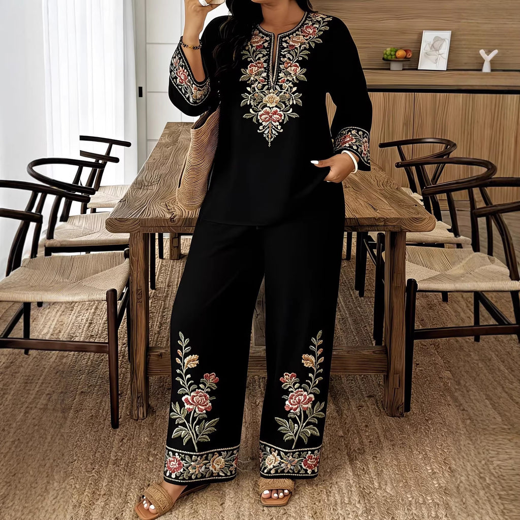 Long-Sleeve Lace Floral Bohemian Set | Ethnic-Style Top & Cropped Pants