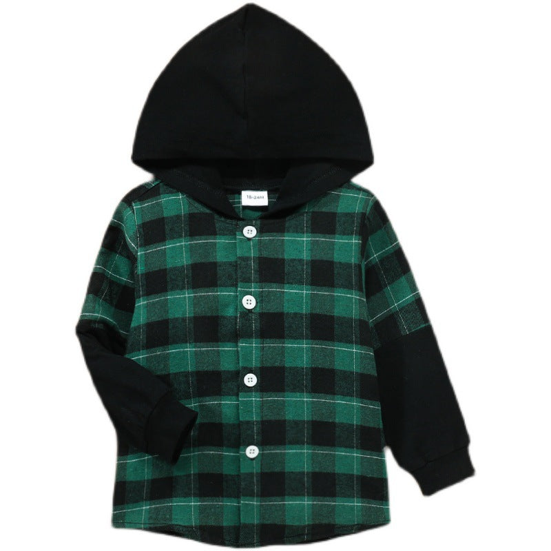 Boys Hooded Plaid Shirt Jacket | Single-Breasted Long Sleeve Kids Outerwear