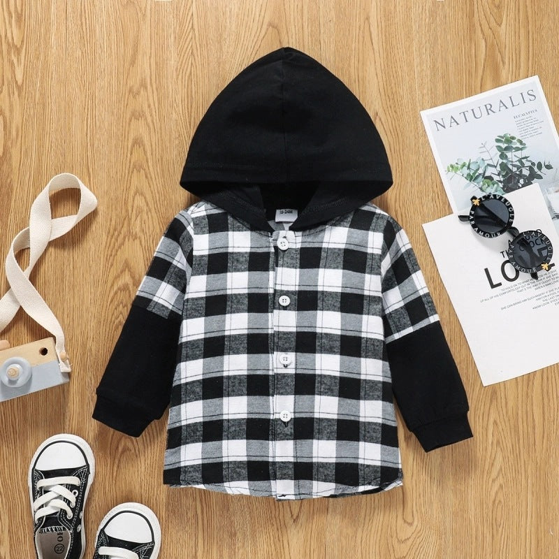 Boys Hooded Plaid Shirt Jacket | Single-Breasted Long Sleeve Kids Outerwear