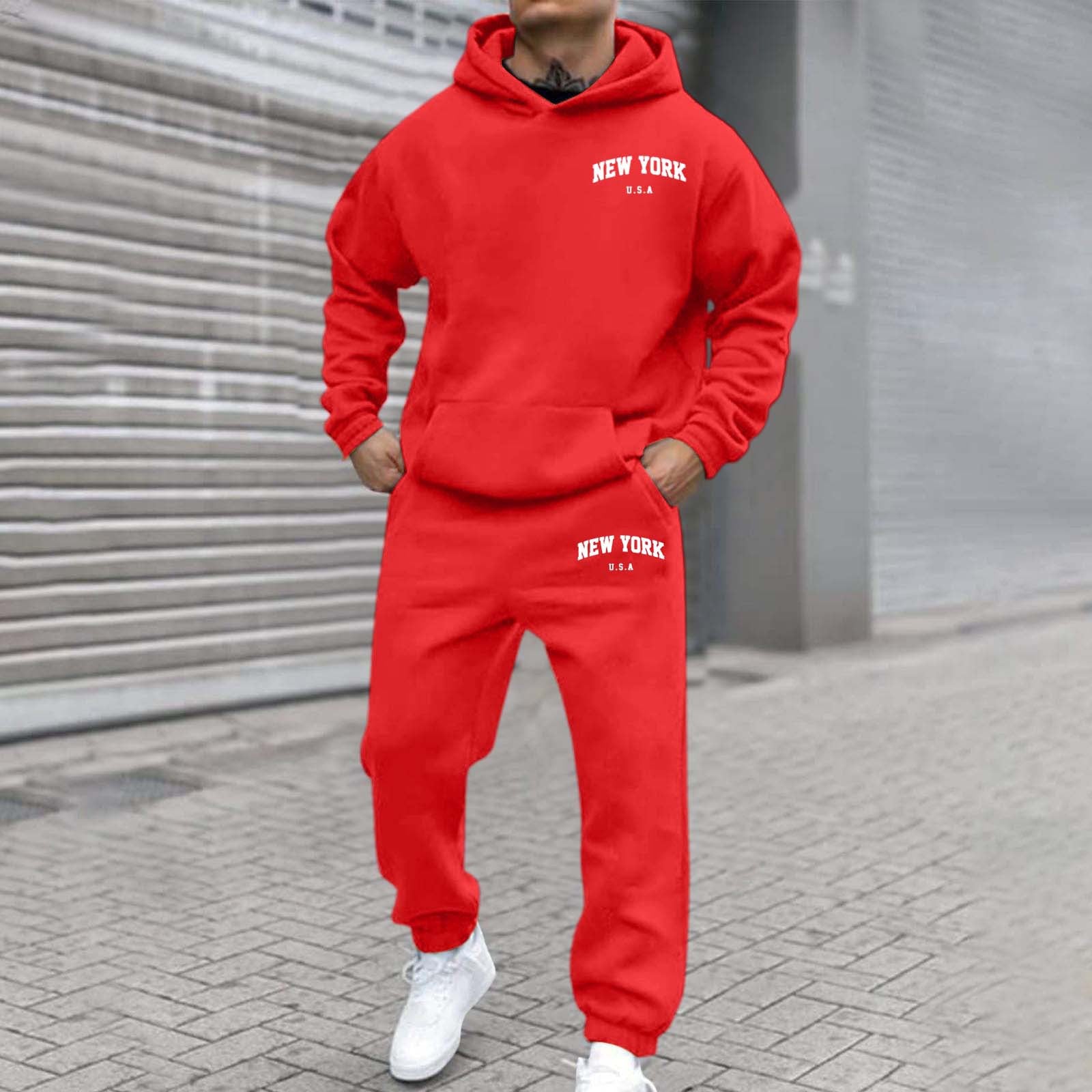 Mens Fleece-Lined Hooded Printed Sweatshirt And Hoodie Set