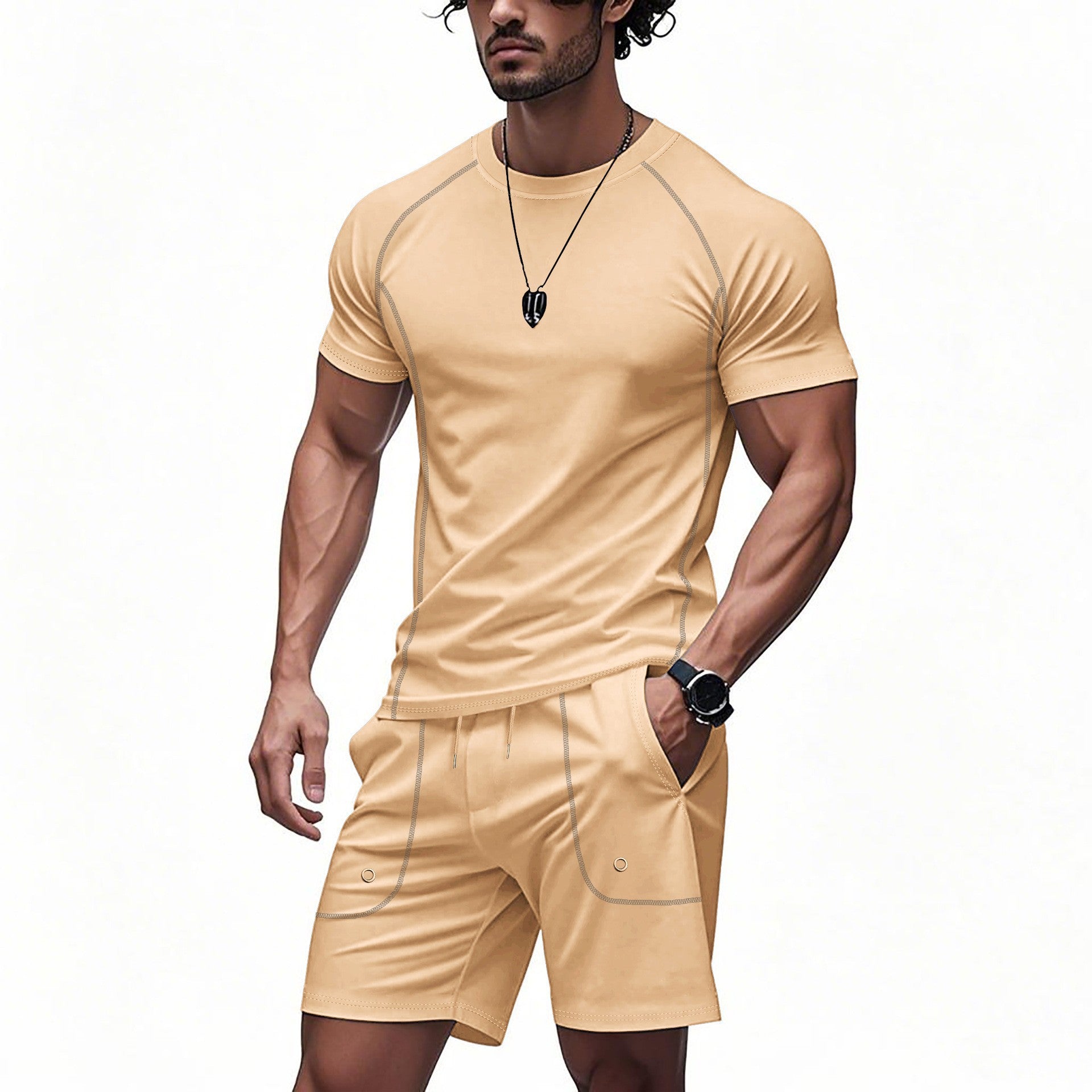 Men's Solid Color Minimalist Short-Sleeve & Shorts Set | Casual Summer Suit