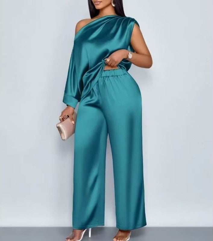 Satin Slanted Collar Short-Sleeve Top & Trousers Set | Light Luxury Summer Suit
