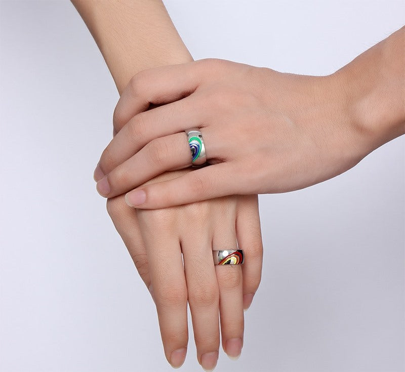 Titanium Steel Rainbow Couple Ring | Geometric Epoxy Band