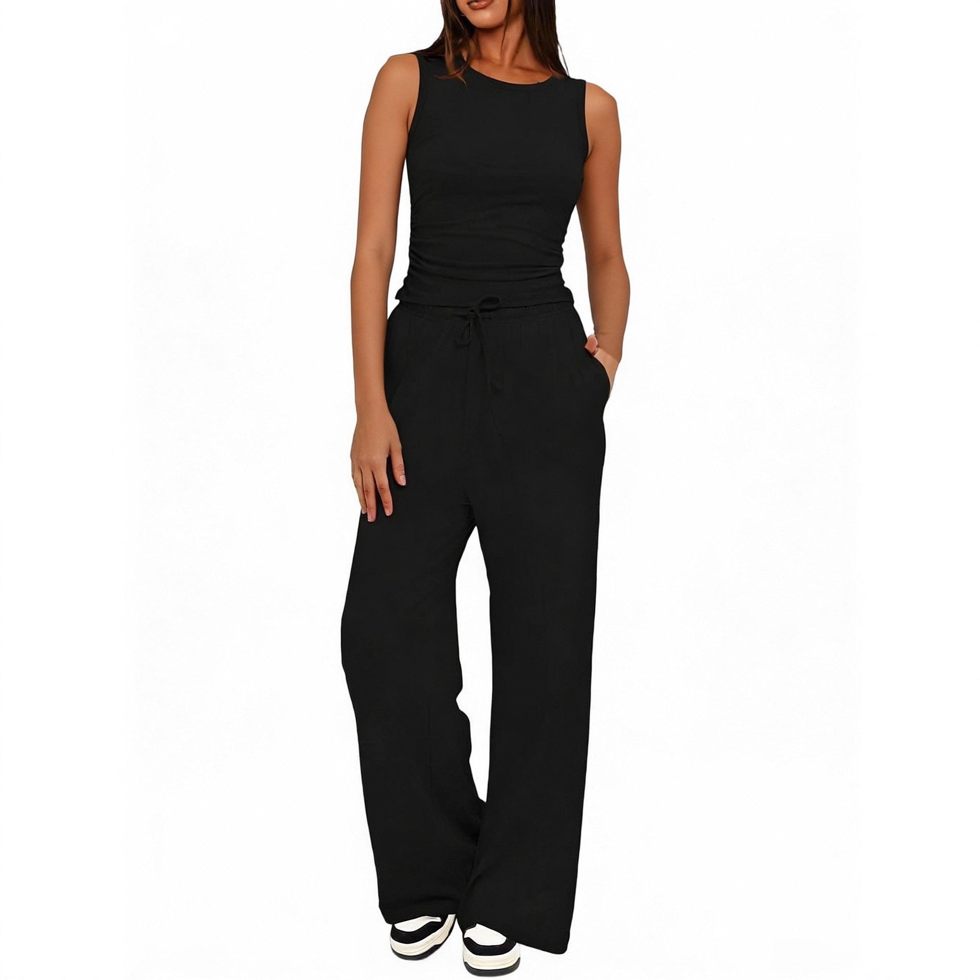 Sleeveless Crewneck Pleated Vest & High-Waisted Wide-Leg Pants Set