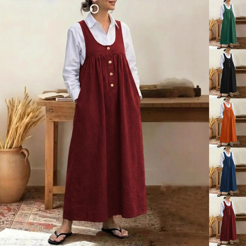 Loose Overalls Dress – Casual U-Neck Button Pocket Dress