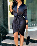Lace-Up Long Sleeve Midi Shirt Dress | Women's Elegant Party Dress
