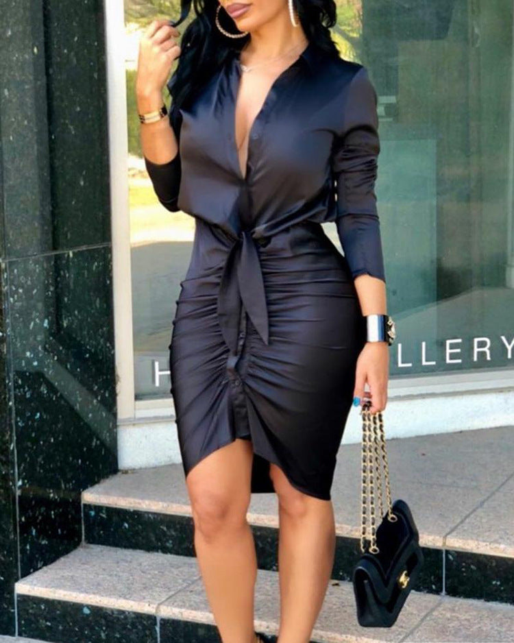 Lace-Up Long Sleeve Midi Shirt Dress | Women's Elegant Party Dress