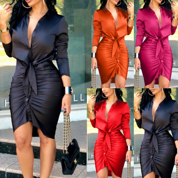 Lace-Up Long Sleeve Midi Shirt Dress | Women's Elegant Party Dress
