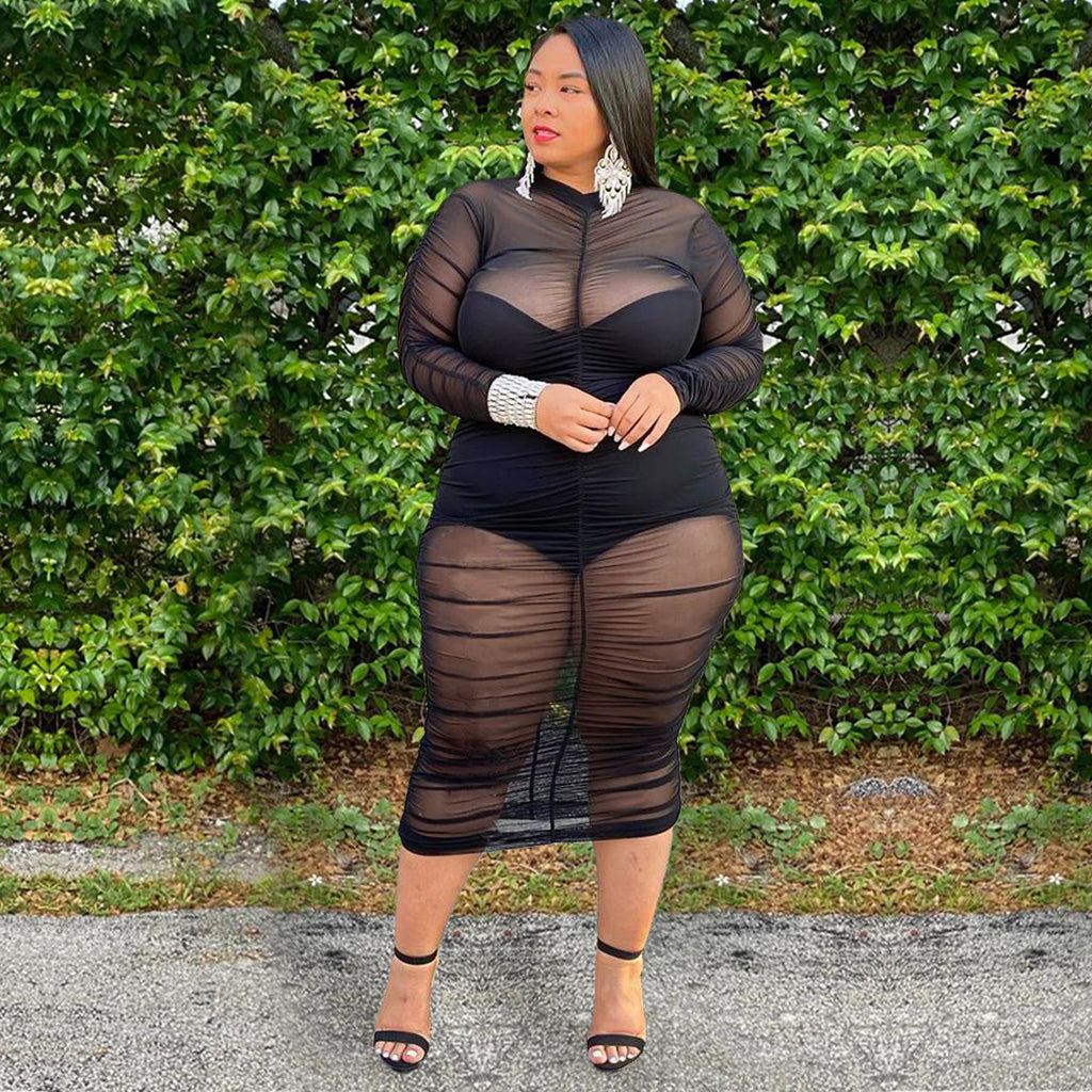 Plus?Size Sheer Mesh Ruched Long?Sleeve Bodycon Dress