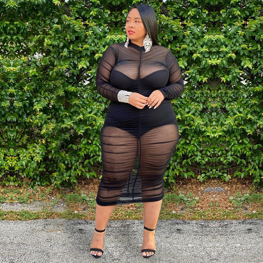 Plus?Size Sheer Mesh Ruched Long?Sleeve Bodycon Dress