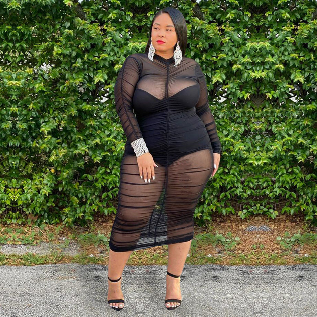 Plus?Size Sheer Mesh Ruched Long?Sleeve Bodycon Dress