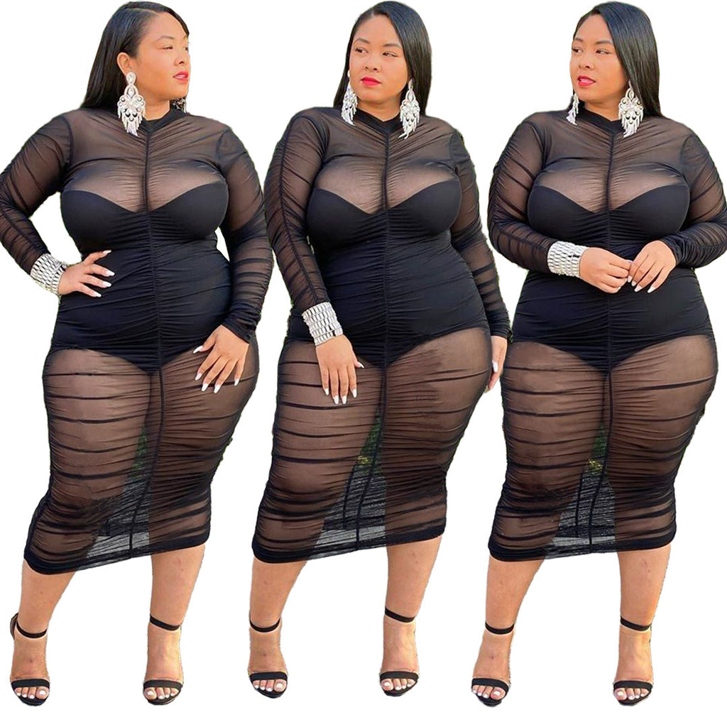 Plus?Size Sheer Mesh Ruched Long?Sleeve Bodycon Dress