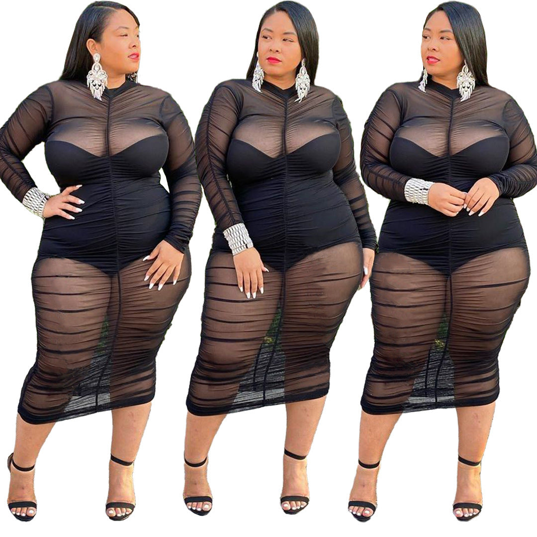 Plus?Size Sheer Mesh Ruched Long?Sleeve Bodycon Dress