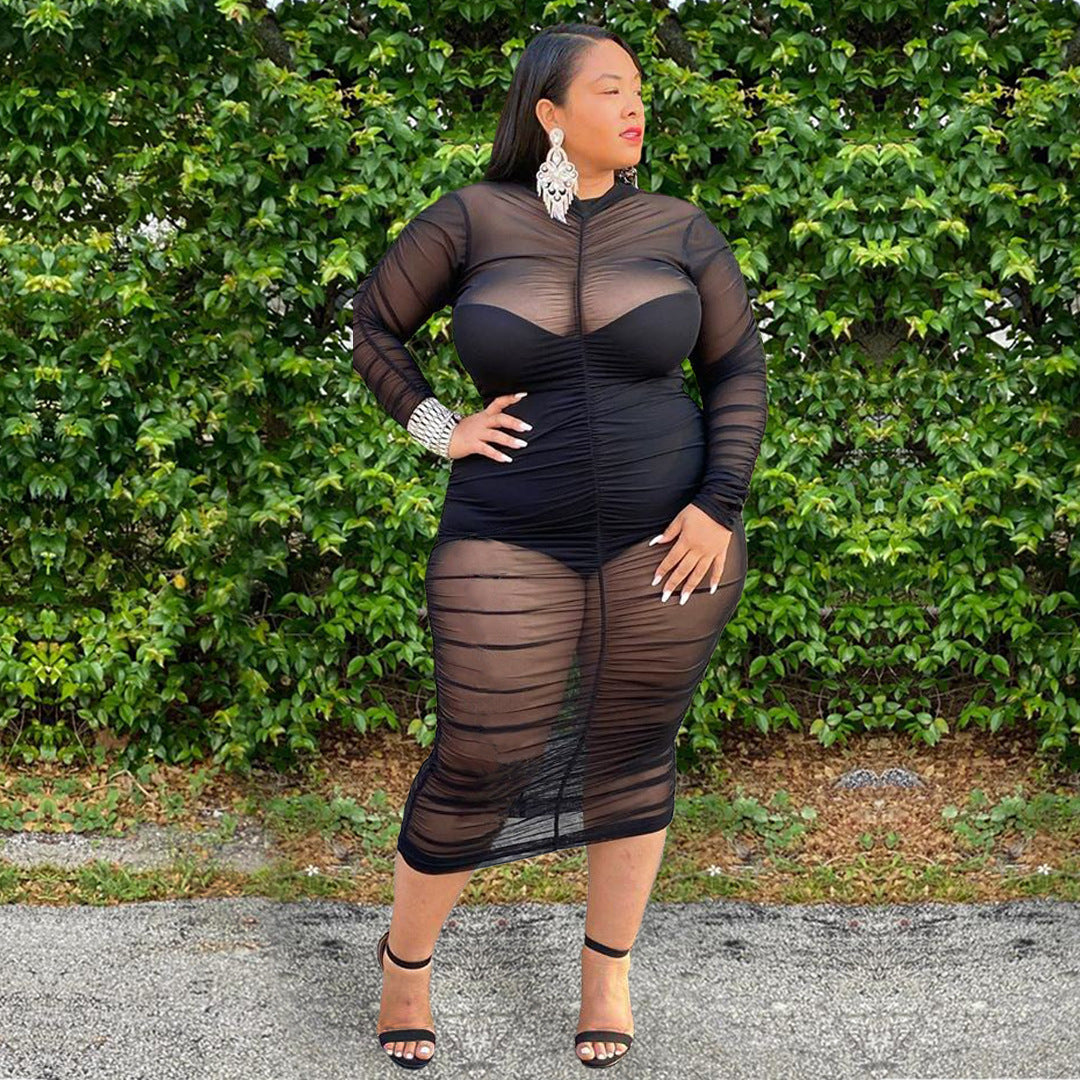 Plus?Size Sheer Mesh Ruched Long?Sleeve Bodycon Dress
