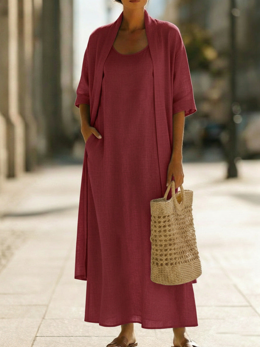 Cotton-Linen Two-Piece Dress Set | Loose Fit Cardigan & Long Skirt