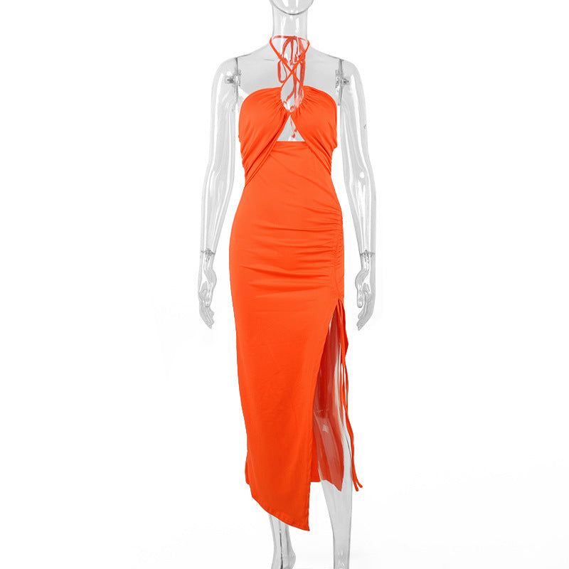 Halter?Neck Ruched Irregular Hem Backless Maxi Dress