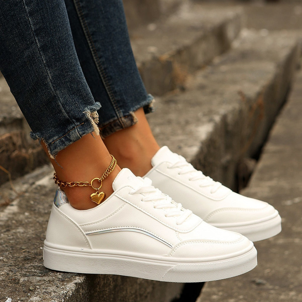 Color-Block Flat Sneakers | Round Toe PU Leather Casual Shoes