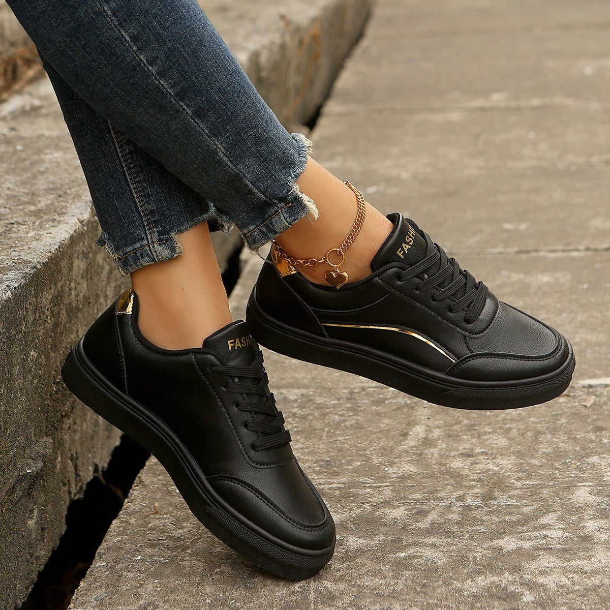 Color-Block Flat Sneakers | Round Toe PU Leather Casual Shoes