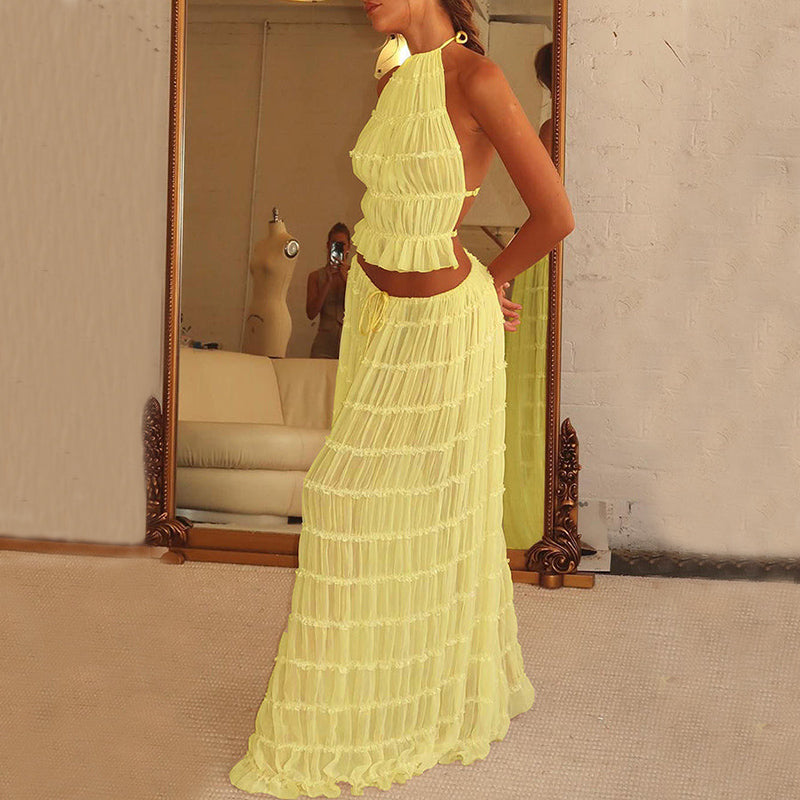 Halter Crop Top & Pleated Maxi Skirt Set | Backless Beach Two-Piece