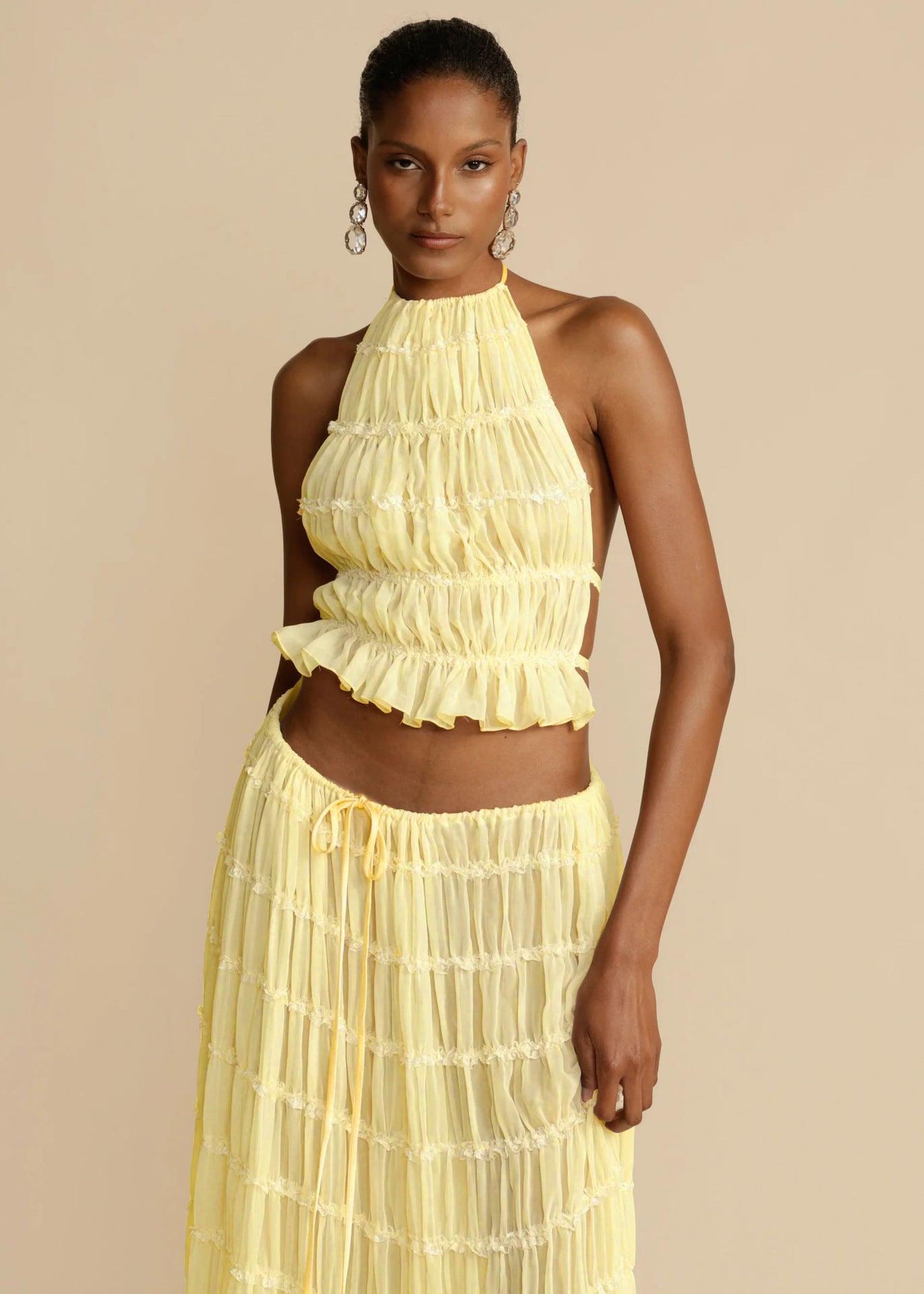Halter Crop Top & Pleated Maxi Skirt Set | Backless Beach Two-Piece