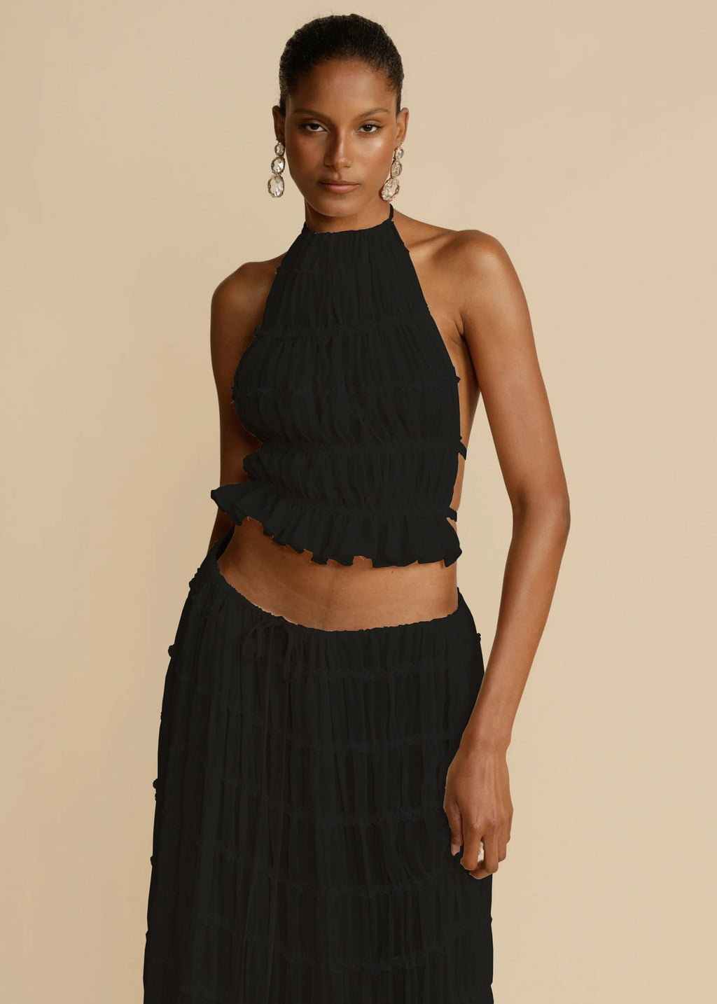 Halter Crop Top & Pleated Maxi Skirt Set | Backless Beach Two-Piece
