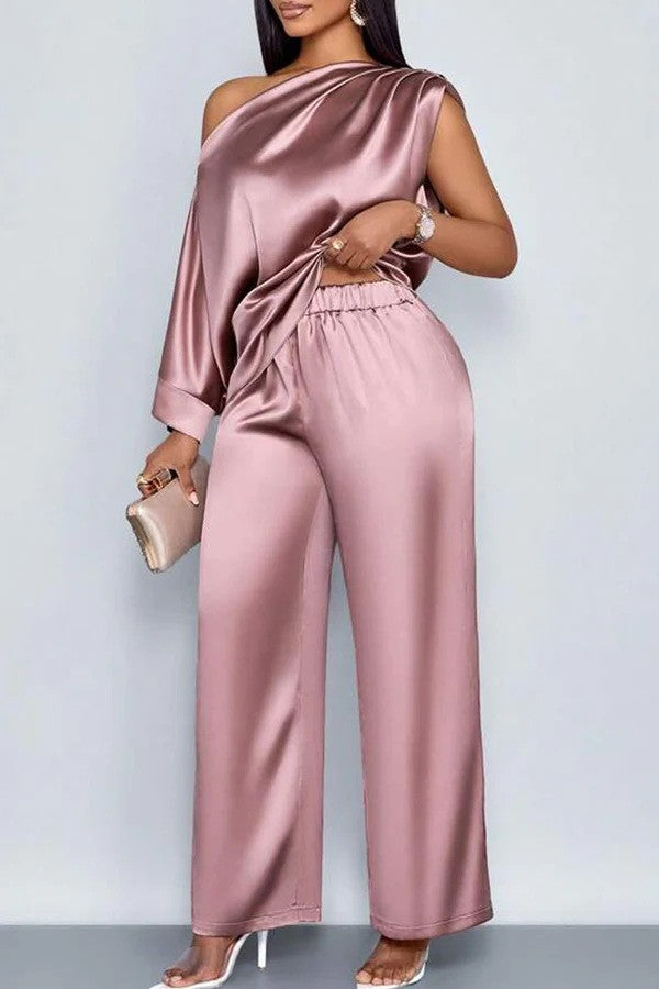 Satin Slanted Collar Short-Sleeve Top & Trousers Set | Light Luxury Summer Suit