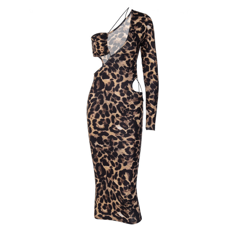 Fashion Print One Shoulder Cutout Slim Dress-Leopard