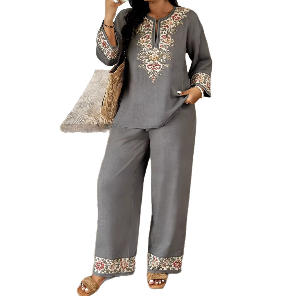 Long-Sleeve Lace Floral Bohemian Set | Ethnic-Style Top & Cropped Pants