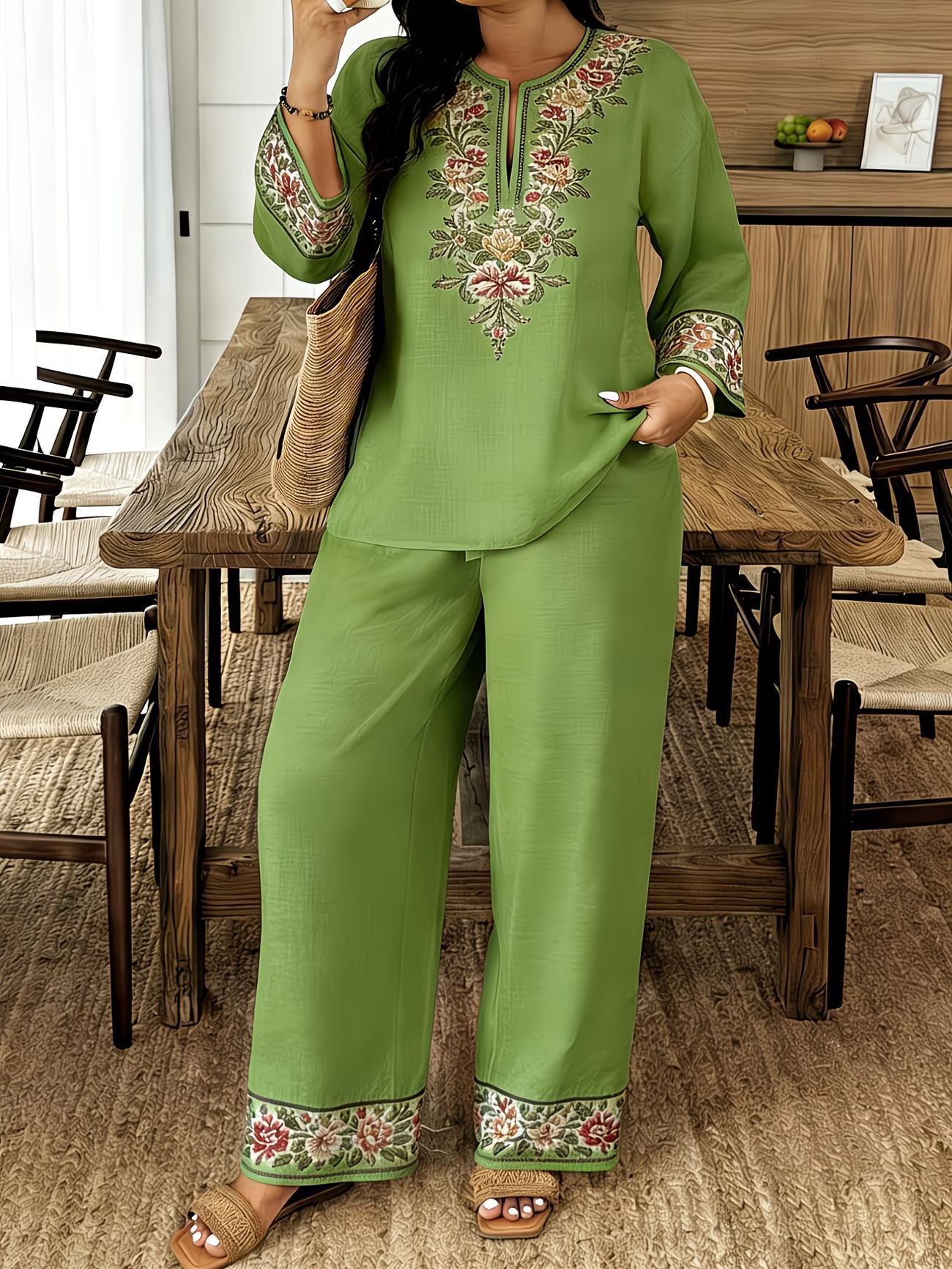 Long-Sleeve Lace Floral Bohemian Set | Ethnic-Style Top & Cropped Pants