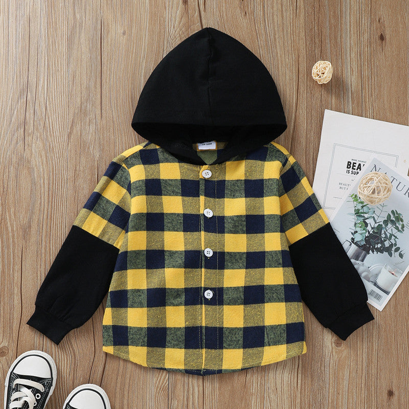 Boys Hooded Plaid Shirt Jacket | Single-Breasted Long Sleeve Kids Outerwear