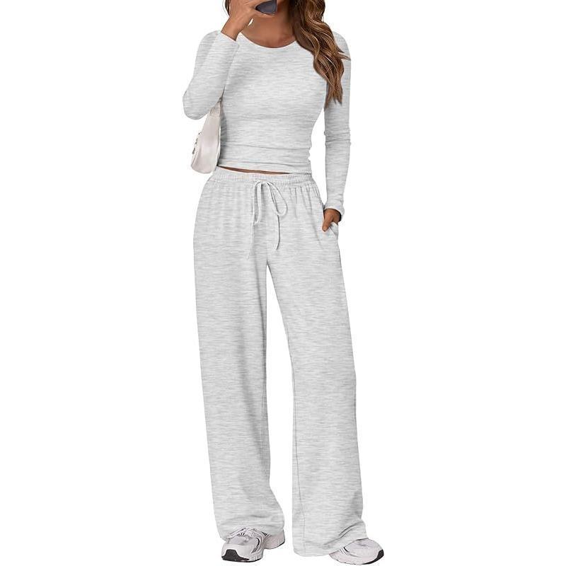 Long Sleeve Crop Top & Wide-Leg Pants Yoga Set | Women's Stretchy 2-Piece Activewear