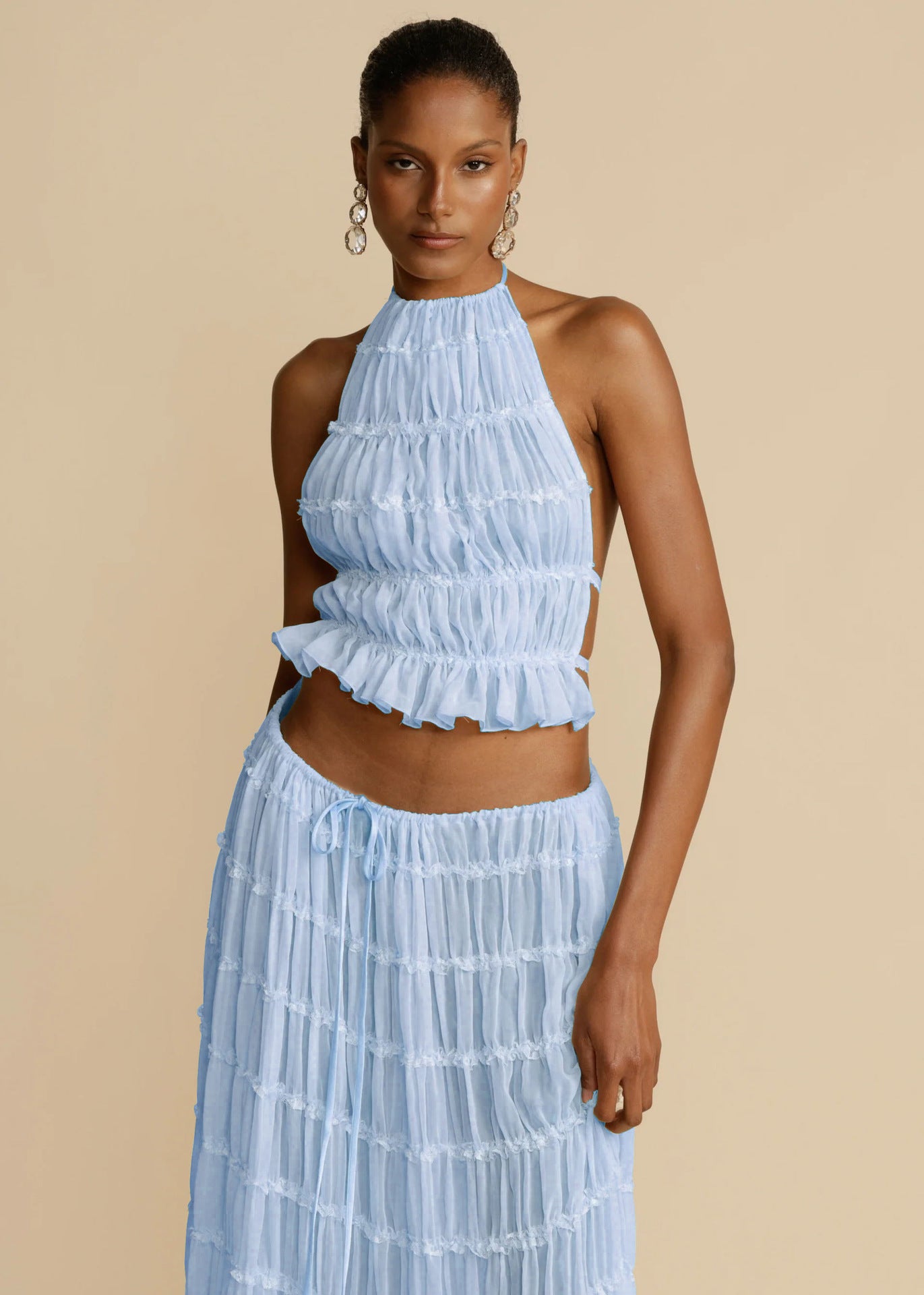 Halter Crop Top & Pleated Maxi Skirt Set | Backless Beach Two-Piece