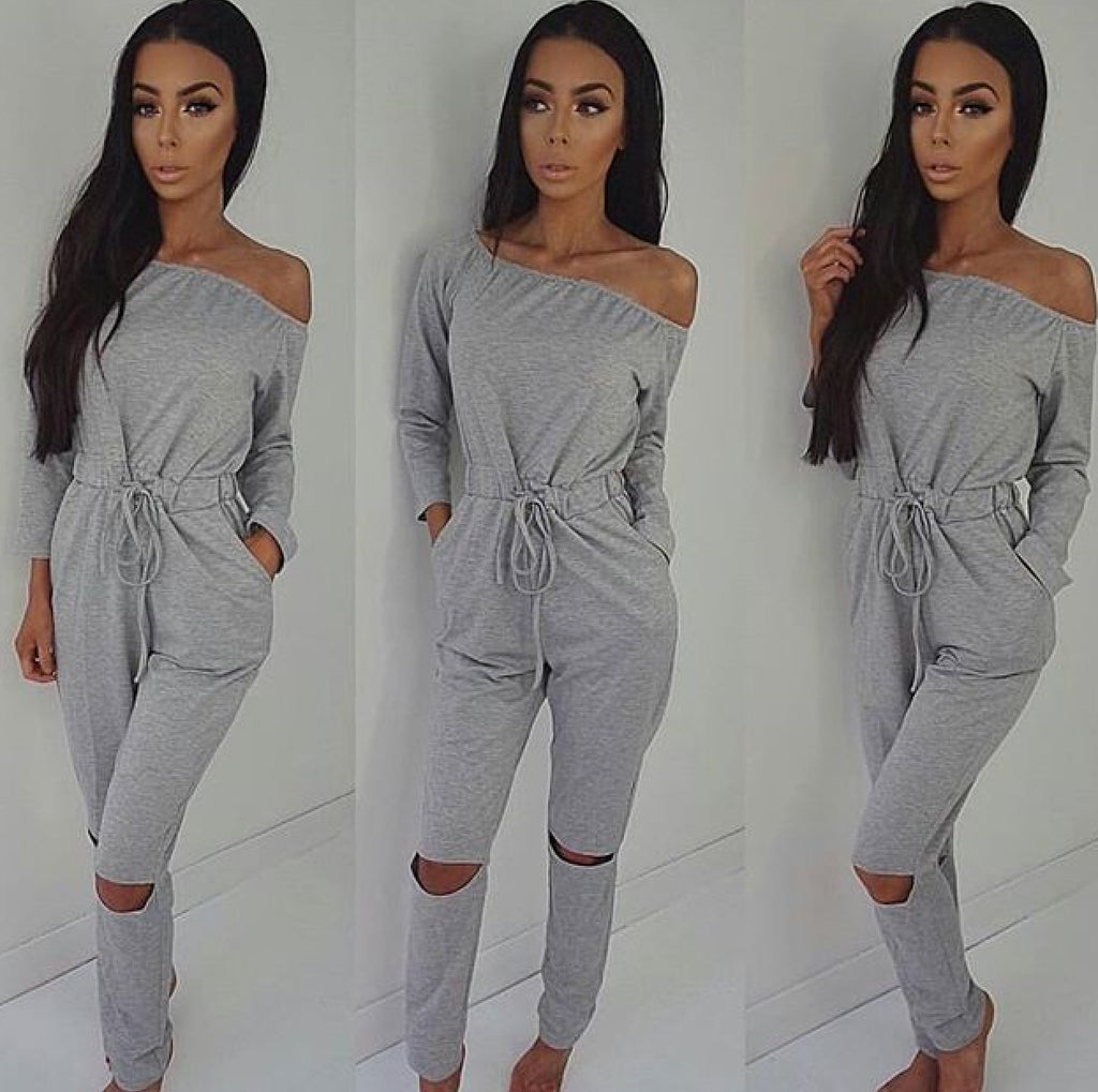 Off-the-Shoulder Distressed Jumpsuit | Women's Casual Cotton Blend Romper