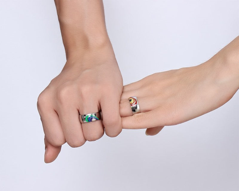 Titanium Steel Rainbow Couple Ring | Geometric Epoxy Band