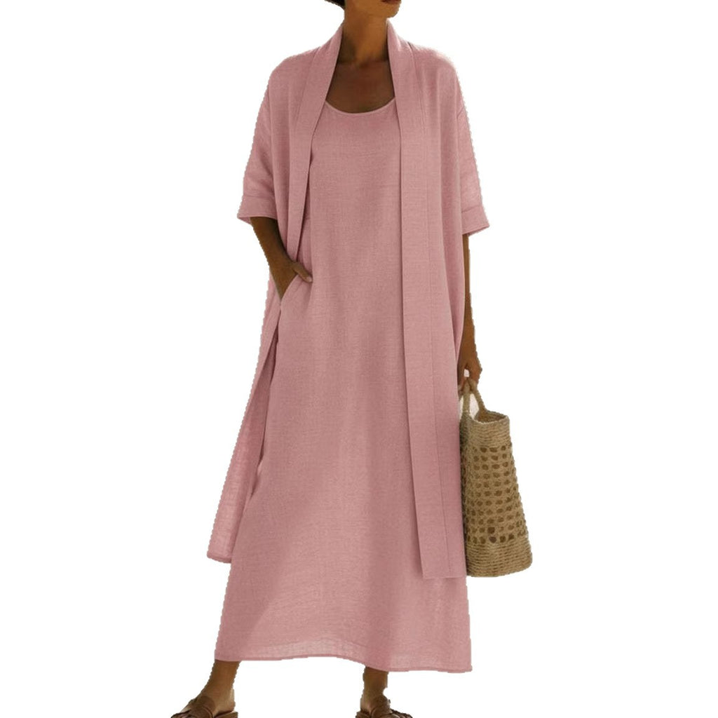 Cotton-Linen Two-Piece Dress Set | Loose Fit Cardigan & Long Skirt