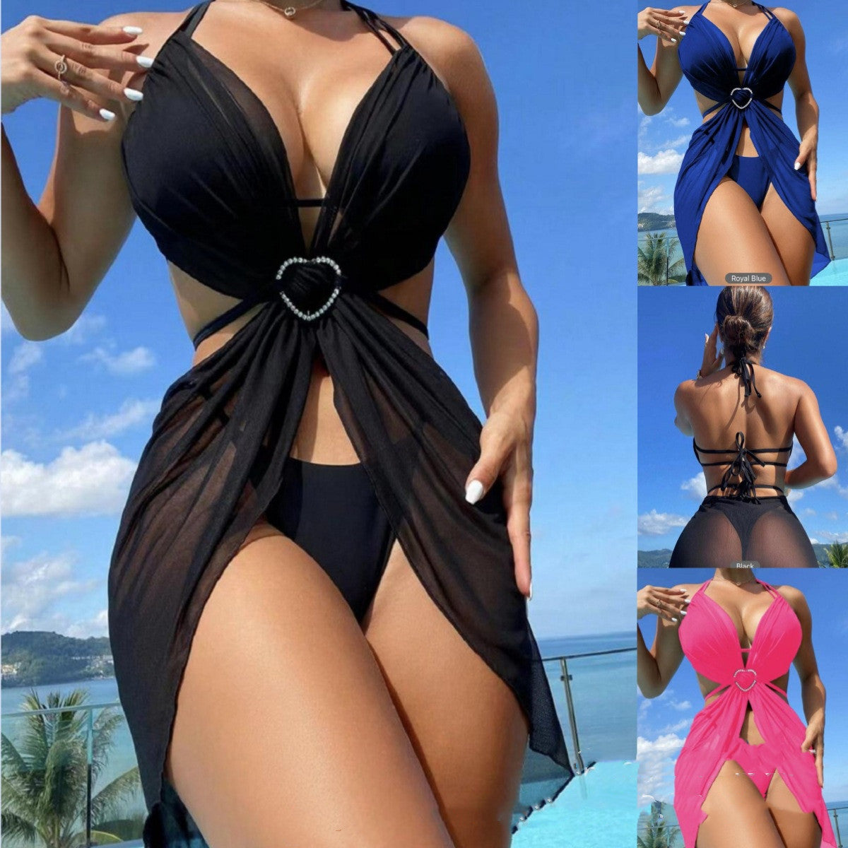 3Pcs Halter Neck Bikini Set | Solid Color Split Swimsuit