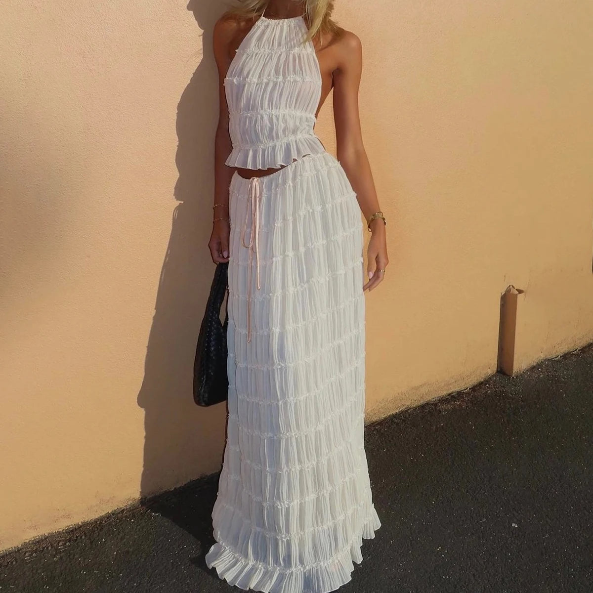 Halter Crop Top & Pleated Maxi Skirt Set | Backless Beach Two-Piece