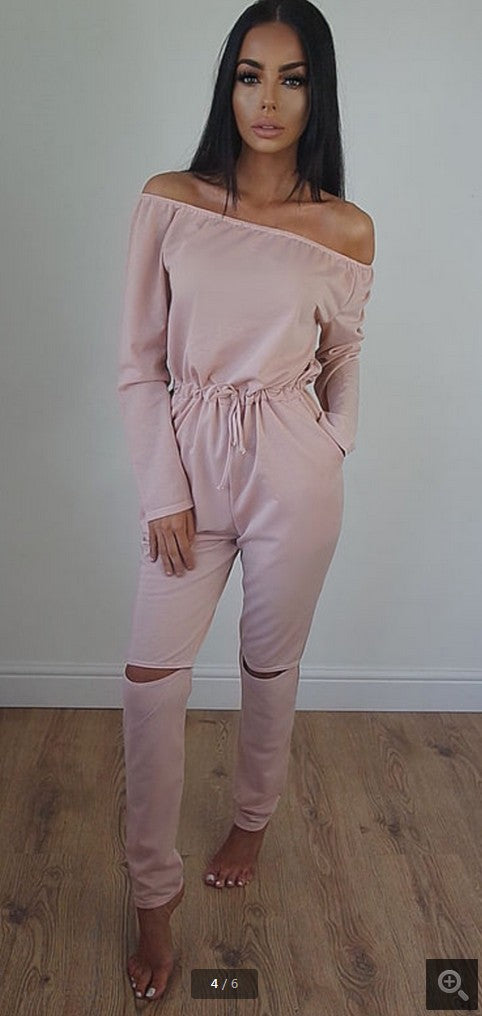 Off-the-Shoulder Distressed Jumpsuit | Women's Casual Cotton Blend Romper