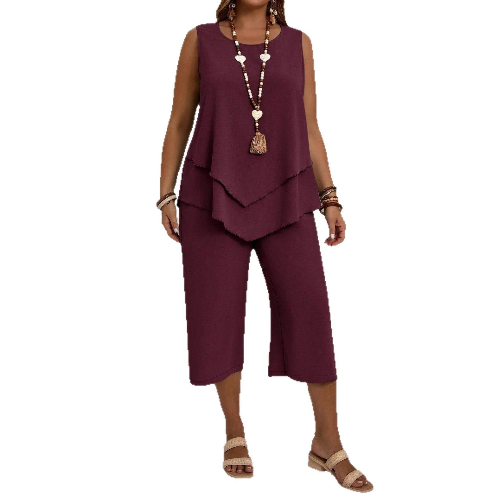 Casual Solid-Color Sleeveless Top & Cropped Pants Two-Piece Set