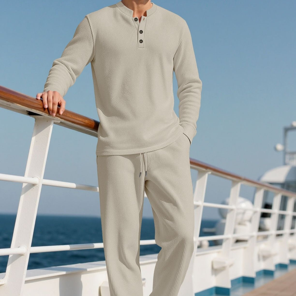 Men's Solid-Color Button-Down Long-Sleeve Shirt & Pants Set | Crew-Neck Casual Outfit